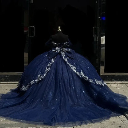 ANGELSBRIDEP Navy Blue Glittering Quinceanera Dresses Bow Beading Lace Vestidos De 15 Anos Birthday Party Ball Gown Customized Badiee Stylez
