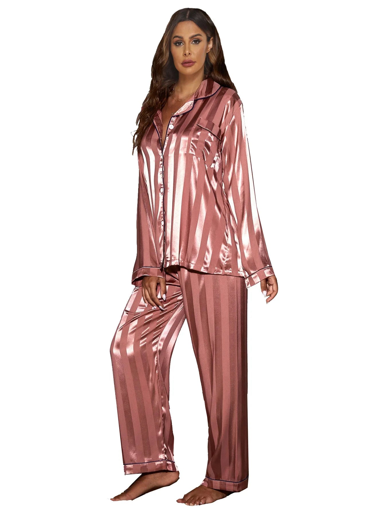 Stripe Long Sleeve Trouser Pijamas Suit Women 2PCS Pajamas Set Sleepwear Spring Summer Satin Nightwear Loose Homewear Loungewear