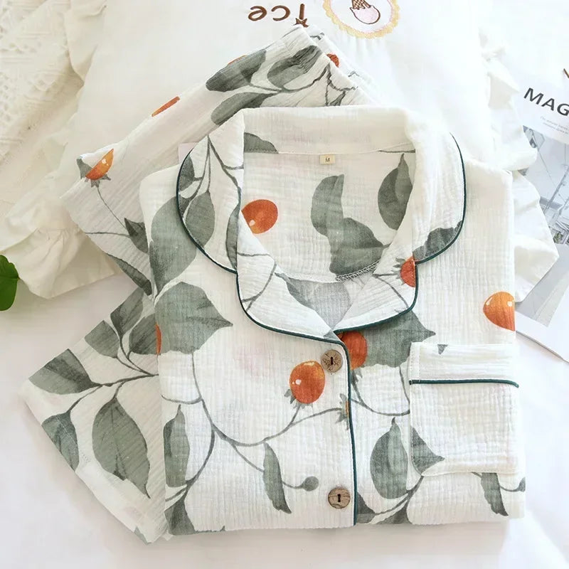 New large size pajamas women cotton crepe home service cotton long sleeve trousers suit simple and comfortable summer and autumn 19