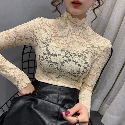 Autumn Women Thin Black Lace T shirt Sexy Turtleneck Long Sleeve Slim Lace Crochet Patchwork Tee Tops WDC6074 apricot