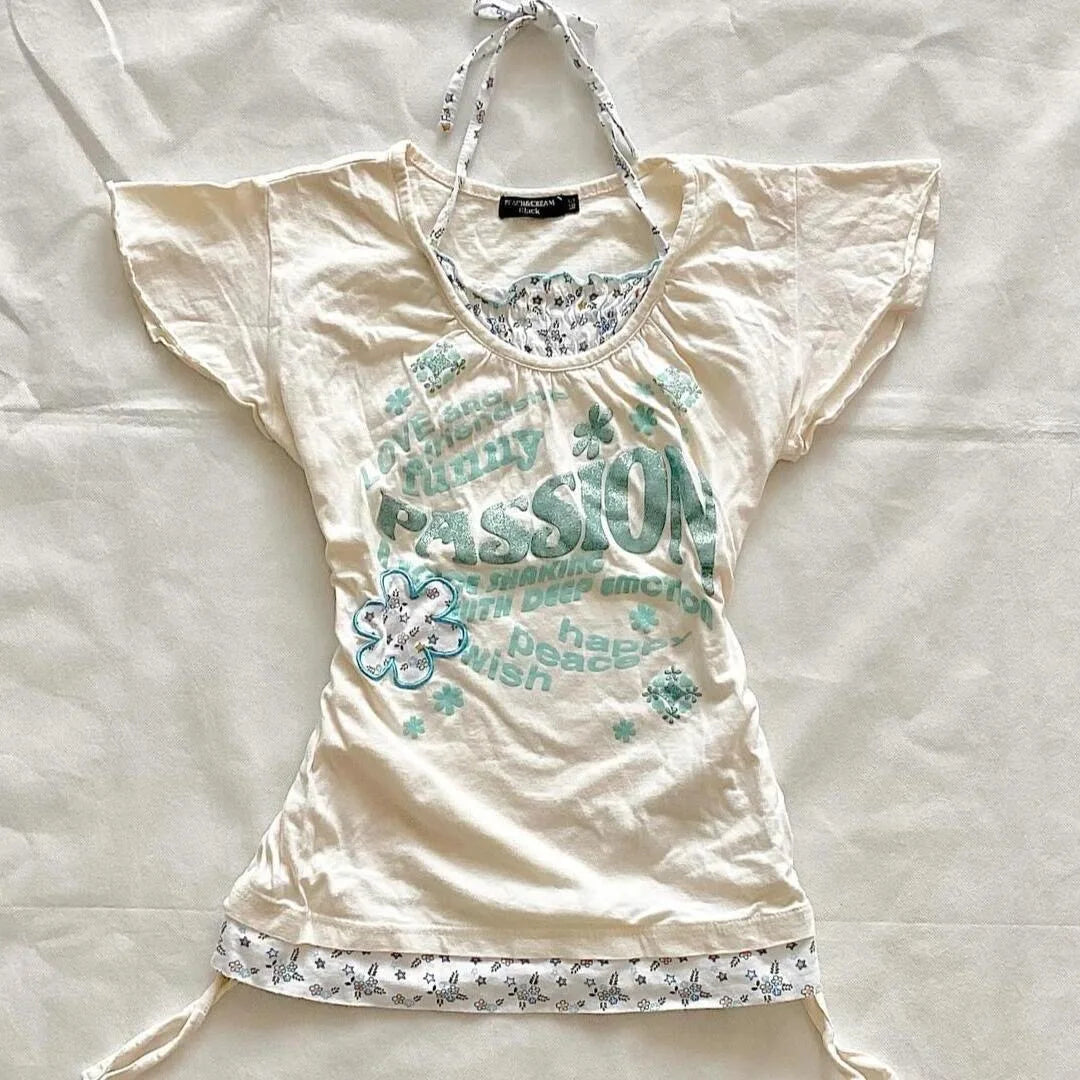 Millennium Y2k Star Printed Fake Two Piece T-Shirt American Vintage V-neck Short Sleeve T-shirt Harajuku Y2k V-neck T-shirt 05