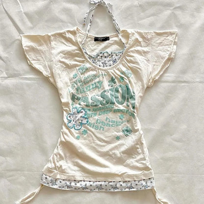 Millennium Y2k Star Printed Fake Two Piece T-Shirt American Vintage V-neck Short Sleeve T-shirt Harajuku Y2k V-neck T-shirt 05