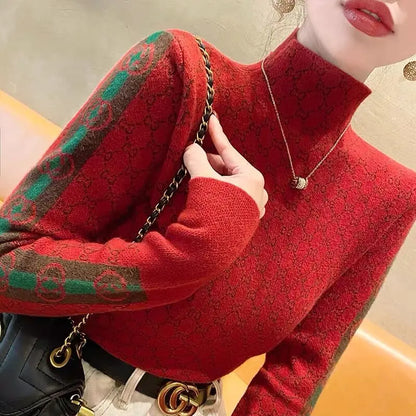Women's Clothing Elegant Fashion Letter Knit Pullover Autumn All-match Slim Long Sleeve Half High Collar Pullovers Lady Chic Top