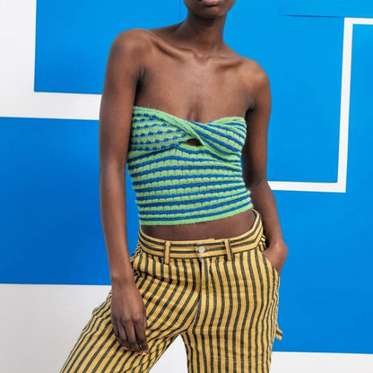 Striped Knitted Tube Top Women Off Shoulder Summer Sexy Strapless Bodycon Tank Crop Top Party Club Wear Camisole Yuqung