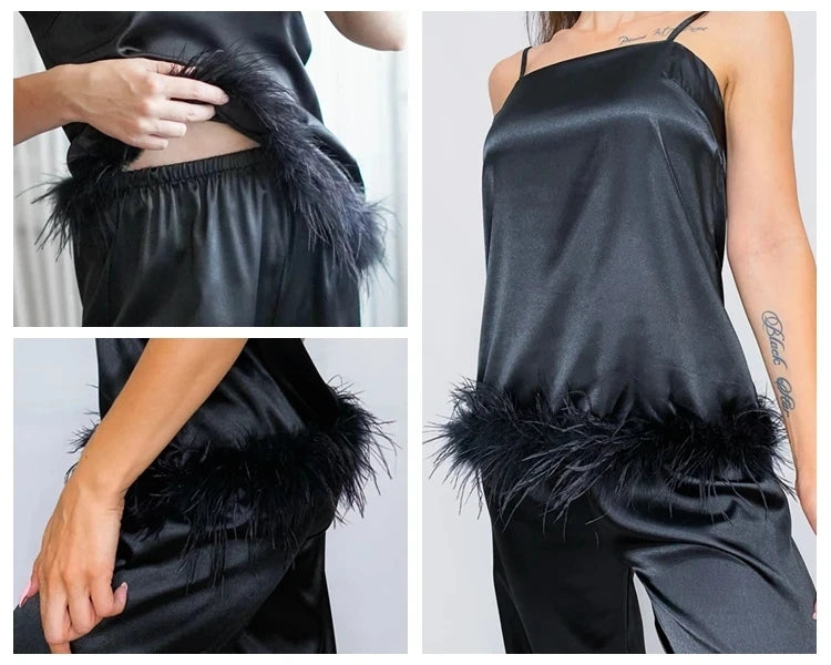 Satin Pajamas With Feathers Sleepwear Women Sets With Pants Black Spaghetti Strap Home Suit White Trouser Suits 2022