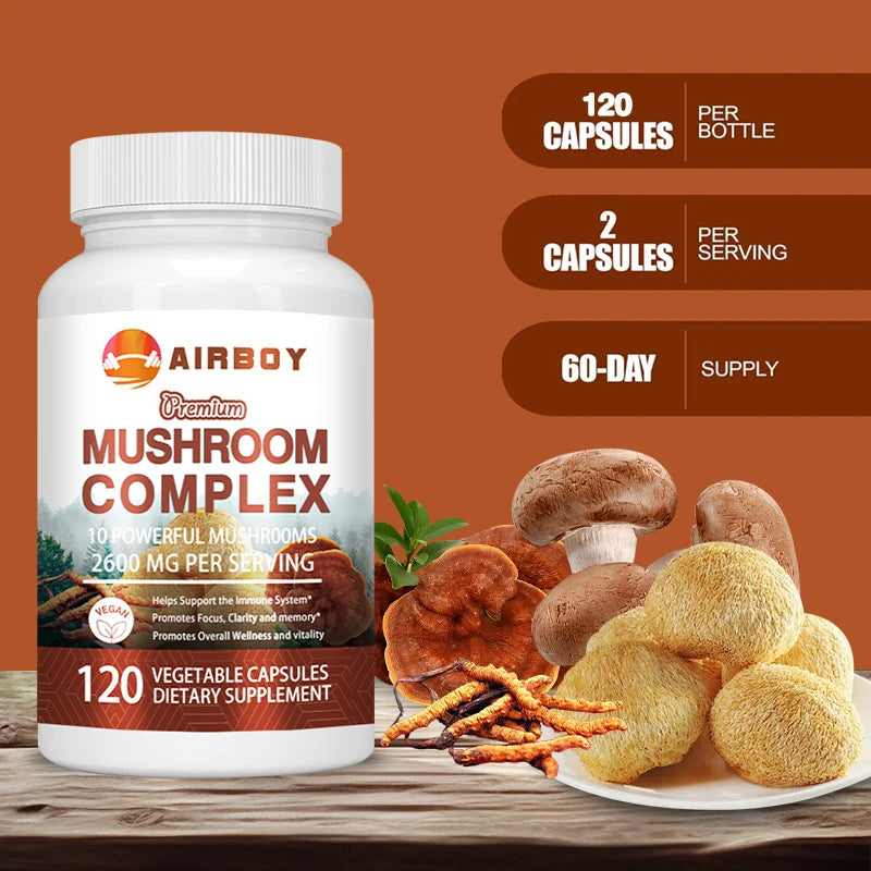 Mushroom Complex Capsules - with Lions Mane, Chaga, Reishi Nootropic Brain Supplement for Memory and Focus, Enhance Energy