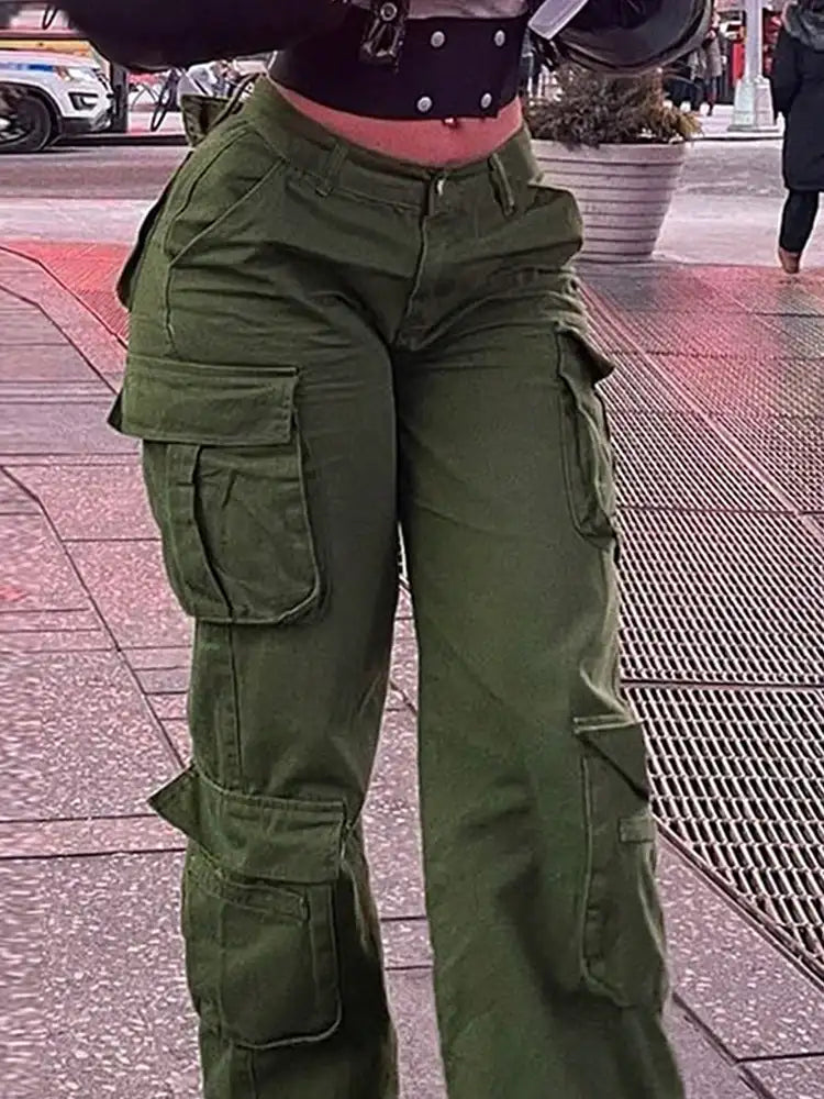 Womens New Denim Cargo Pants Retro Loose Trousers Multi Pocket Hip Hop Jeans Streetwear Wide Leg Casual Straight Pants TC708321