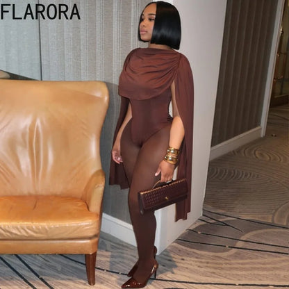 FLARORA Elegant Solid Color Ruched Jumpsuit Woman Bandage Patchwork Sleeveless Bodycon Jumpsuits Evening Party One Piece Overall Badiee Stylez