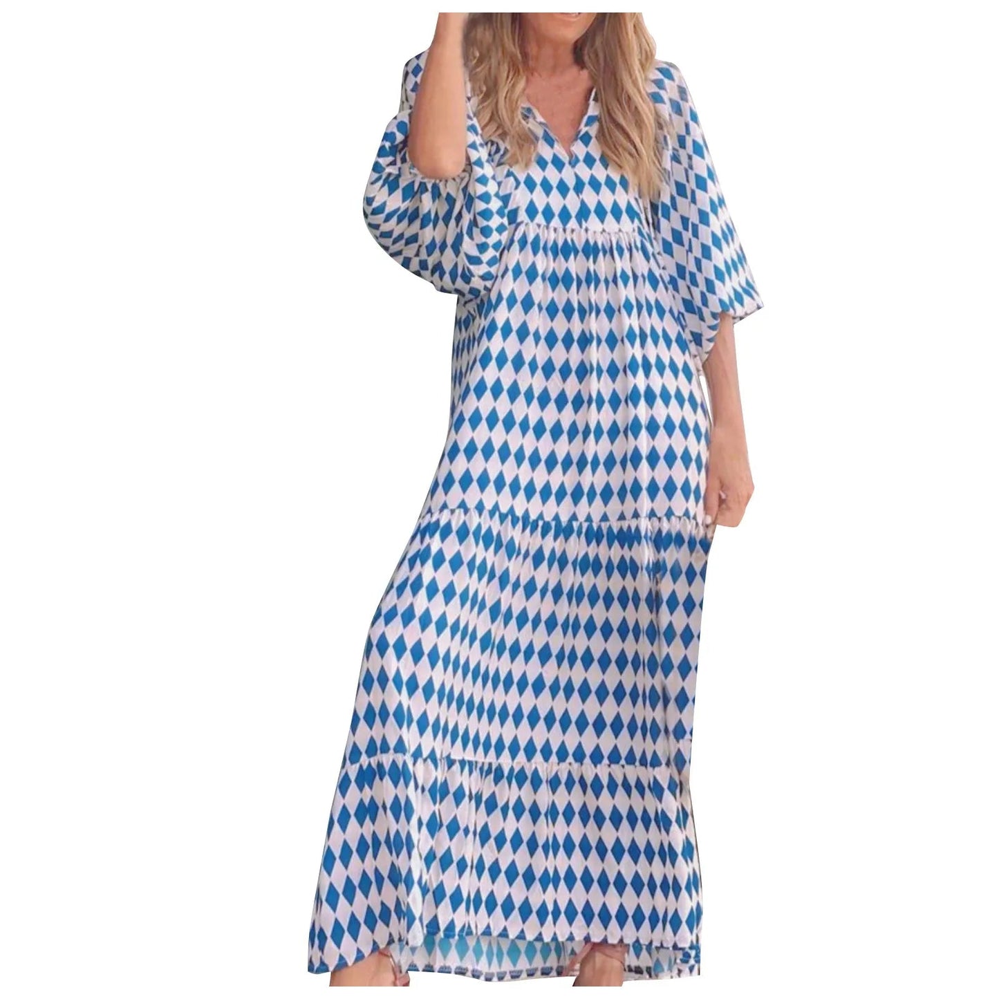 Puff Sleeve Boho Maxi Dress Elegant Women Summer 2022 Casual Floral Drawstring V-Neck Loose Holiday Beach Dresses Party Vestidos Badiee Stylez