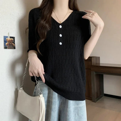 Plus Size Women's Summer New Style Slim Fit Knitted Top Belly Covering T-Shirt for Plump Sister V-Neck Big Code Sweater