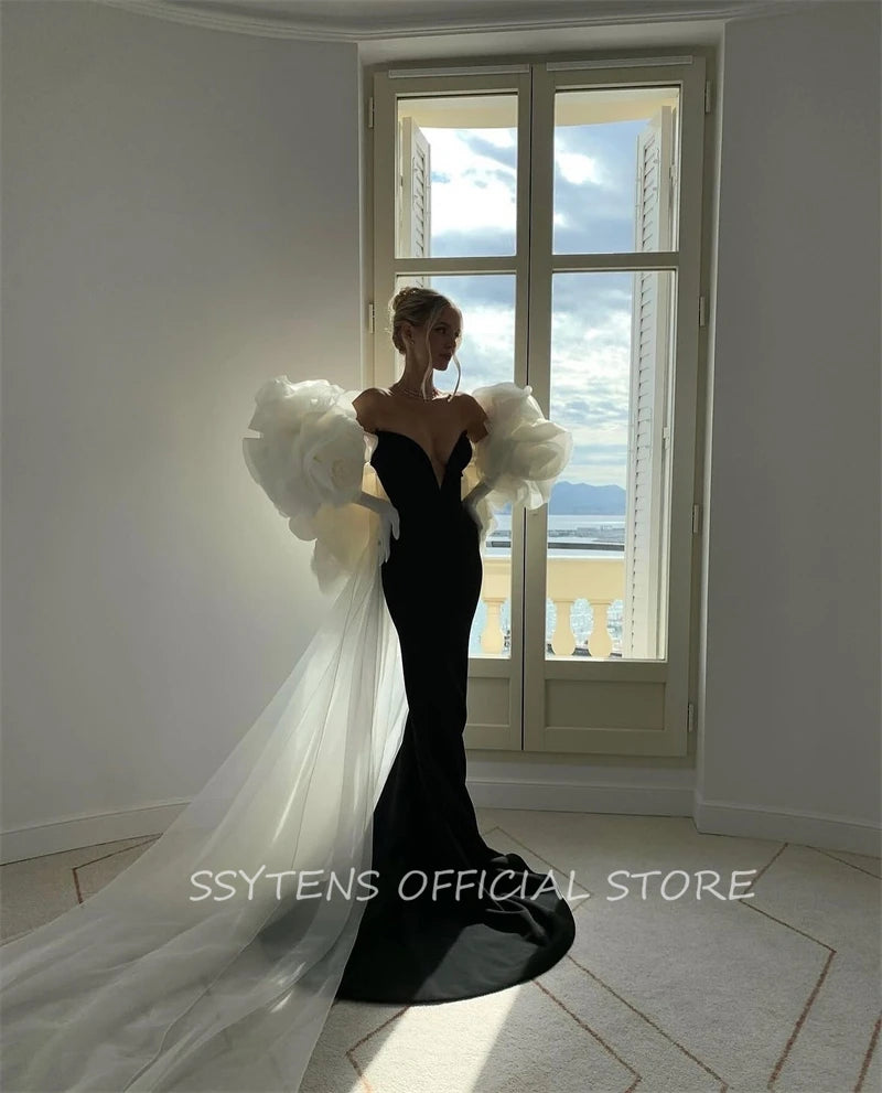 Black Evening Dresses for Women Customized Luxury White 3D Flower Jacket Formal Occasion Dress Floor Israel Long Prom Gowns Badiee Stylez