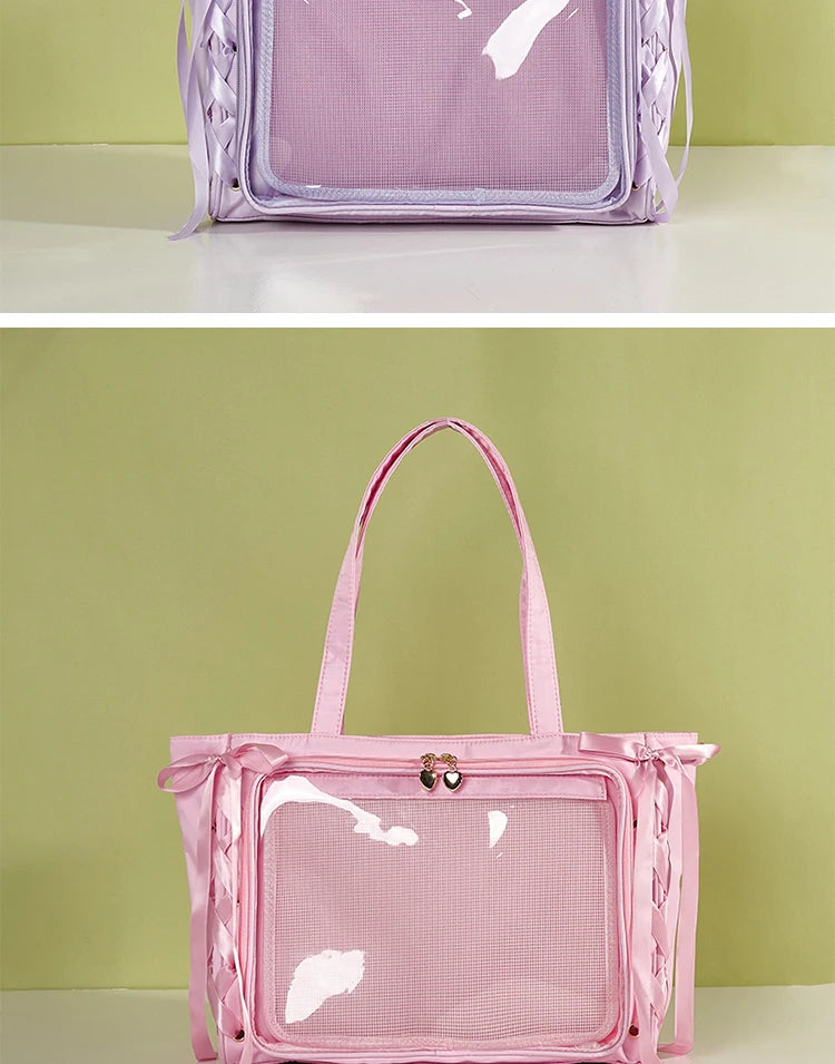 Japanese Large Capacity Satin Ribbon Ita Bag Sweet Girl Anime Transparent Tote Bag Lolita Shoulder Bags Clear Pvc Handbags