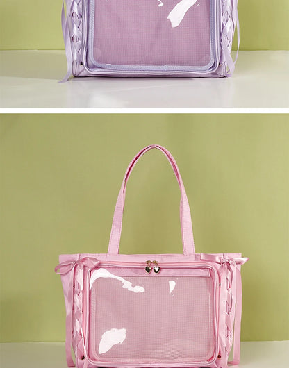 Japanese Large Capacity Satin Ribbon Ita Bag Sweet Girl Anime Transparent Tote Bag Lolita Shoulder Bags Clear Pvc Handbags