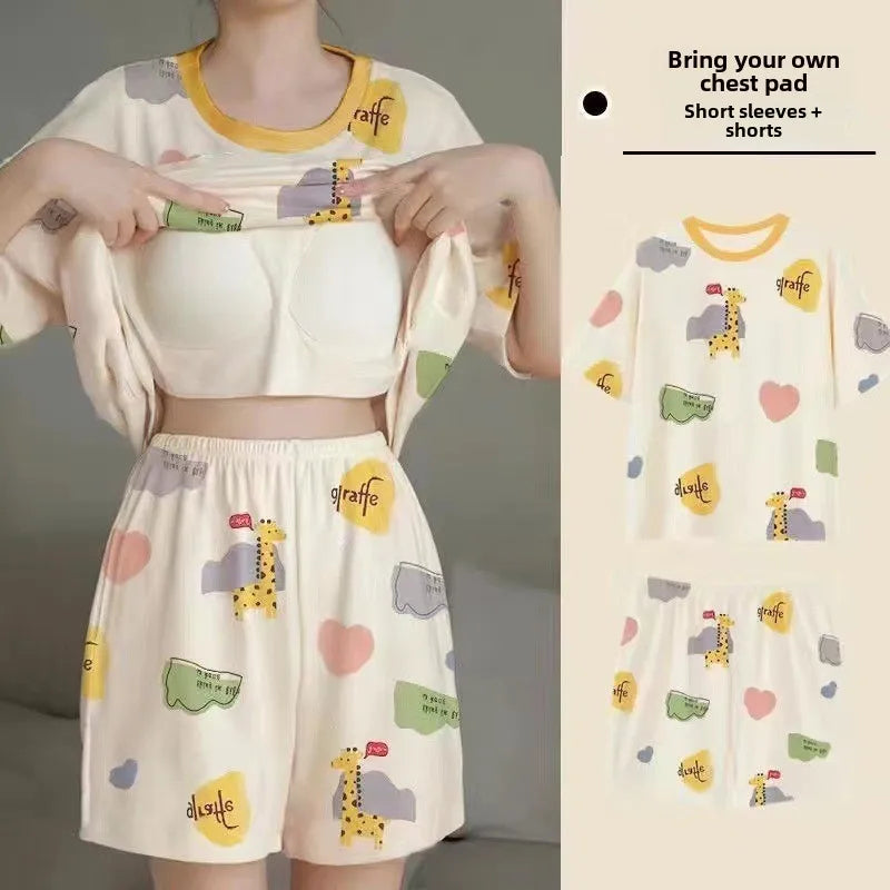 Pijama Set Women Short Sleeve Pullover Sweet with Chest Pads Cartoon Student Casual Home Plus Size Ladies Romantic Sleepwear D21
