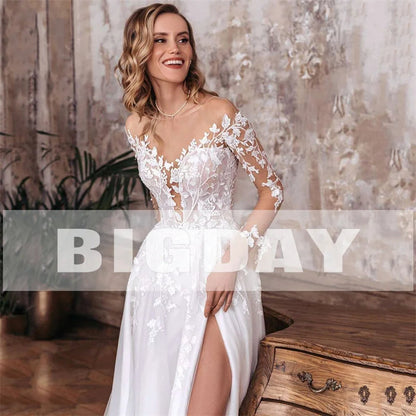 Elegant A-Line Wedding Dress Women Open Back V-Neck Lace Long Sleeve Side Split Tulle Bridal Gown Vestidos De Noiva Customized Badiee Stylez