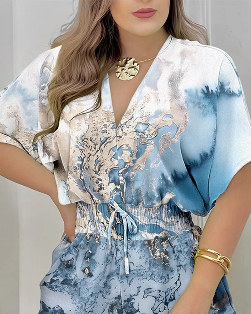 Jumpsuit Women Summer Women Loose Casual Printing Jumpsuit 2024Elegant Women Fashion V-neck Short Sleeve Waist Shorts Jumpsuit