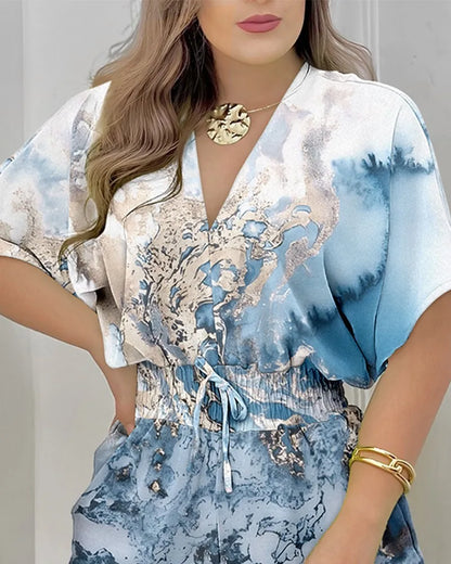 Jumpsuit Women Summer Women Loose Casual Printing Jumpsuit 2024Elegant Women Fashion V-neck Short Sleeve Waist Shorts Jumpsuit