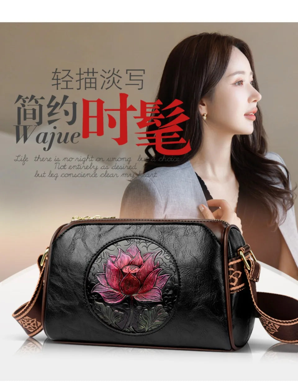 Three Layers Women Handbag Soft Leather Shoulder Crossbody Bags for Women Flower Print Ladies Messenger Bag with WIde Strap