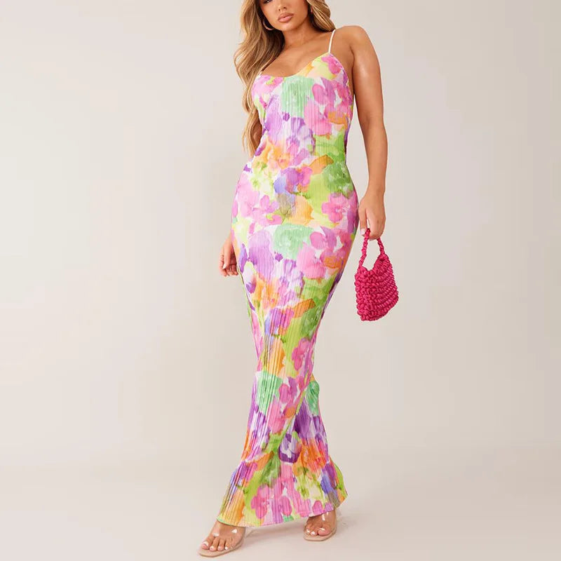 Color Printed Spaghetti Strap Maxi Dresses For Women Sexy V-neck Slim Backless Folds Dress Fashion Evening Party Elegant Vestido Color