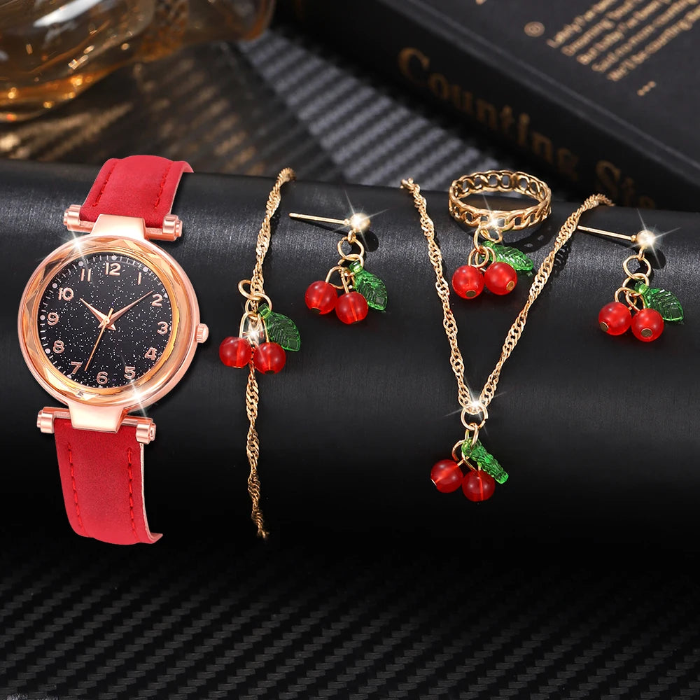 6PCS/Set Red Women's Watch With Minimalist Elements Dial Quartz Watch Latex Strap Cherry Elements Jewelry Set Girl's Gift Badiee Stylez