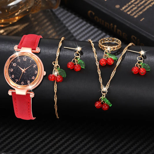 6PCS/Set Red Women's Watch With Minimalist Elements Dial Quartz Watch Latex Strap Cherry Elements Jewelry Set Girl's Gift Badiee Stylez