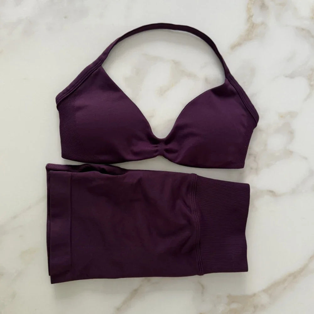 Impact Gym Set Women Two Piece Strappy Yoga Bra Top Workout Scrunch Shorts Suit Fitness Clothes Seamless Sportswear Workout Set grape