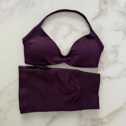 Impact Gym Set Women Two Piece Strappy Yoga Bra Top Workout Scrunch Shorts Suit Fitness Clothes Seamless Sportswear Workout Set grape
