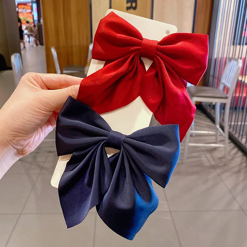 Solid Color Satin Bowknot Hair Clips For Girls Sweet Bow Women Hairpins Butterfly Barrettes Duckbill Clip Kids Hair Accessories 2pcs-Red Navy Blue