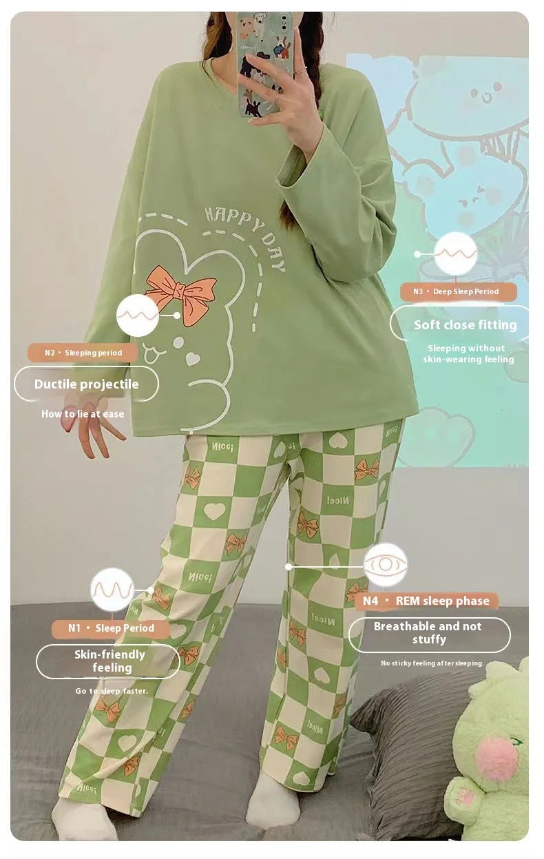 Spring and Autumn New Women's Thin Section Pajamas Homewear Suit Girls Summer Long-Sleeved Homewear Plus Size Cartoon Loose Suit