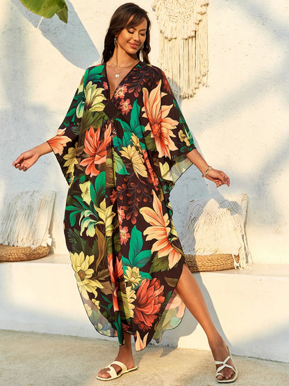 Plus Size Women Floral Print Kaftan Dresses Plus Size Swimsuit Coverup Summer Bathing Suit Caftan Loungewear Beach Dress 5DB245-20 One Size