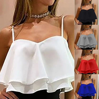 Women Ruffle Design Camisole Loose Solid Off Shoulder Sleeveless Top Hot Girl Trend Summer Club Party Short Vest Top