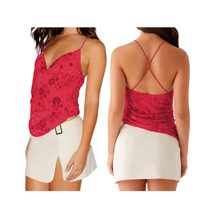 Combhasaki Women Summer Sleeveless Beading Camis Top V-neck Tie-up Cross Backless Pearl Glitter Sequin Flower Embroideried Vest Draped Red