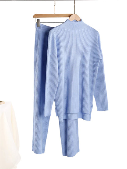 Autumn Winter 2 Pieces Women Sets Knitted Tracksuit Turtleneck Sweater and Straight Jogging Pants Suits NEWskyblue One Size