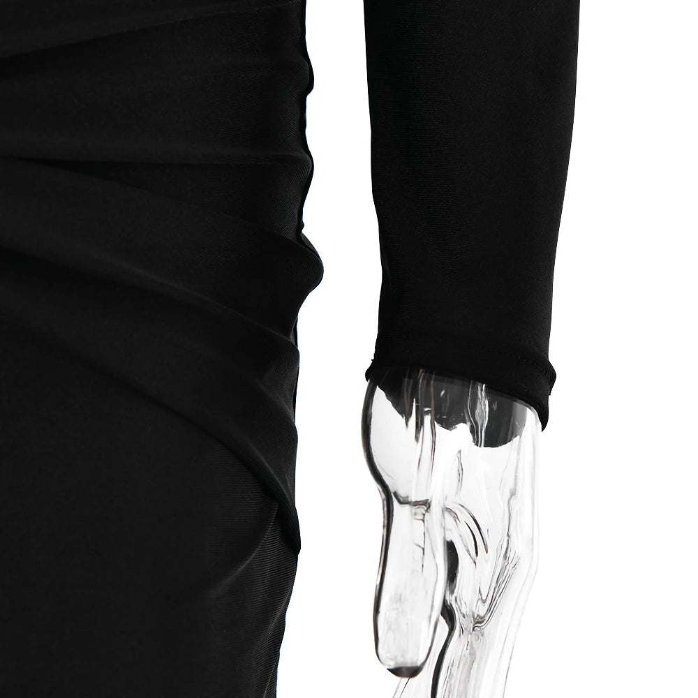 Articat Sexy Hollow Out Long Sleeved Elastic Tight Dress Women Pleats Double Layered Female Vestidos Elegant Party Evening Dress