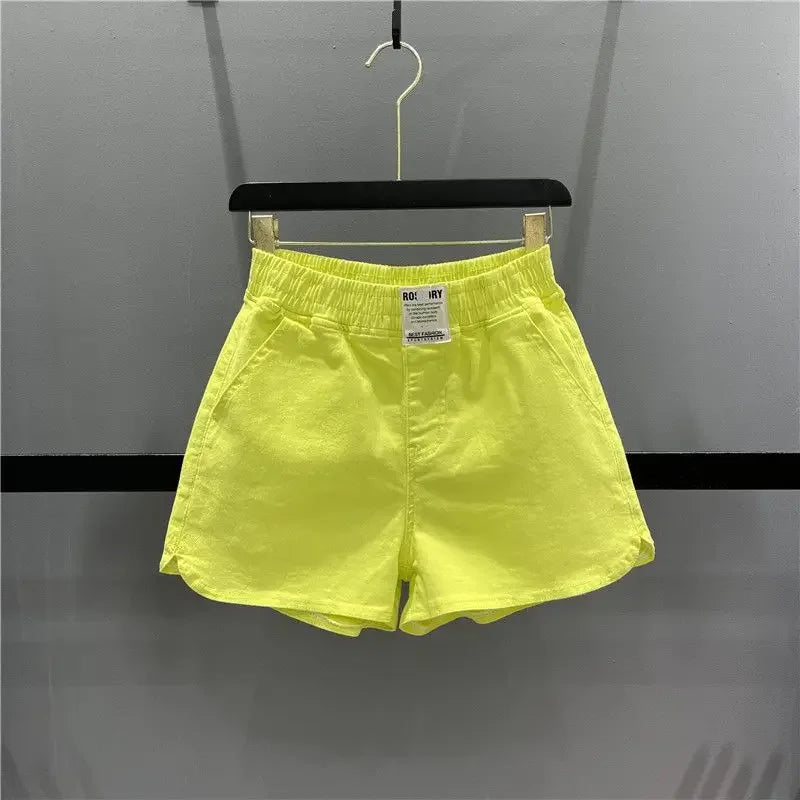 Fashionable Summer 300kg Candy Color Labeled Elastic Waist Casual Shorts Women's Loose Fit A- line Bell Bottoms