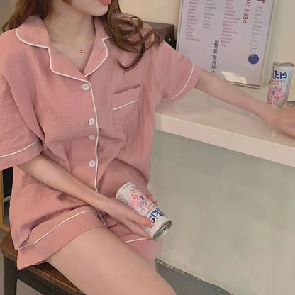 Summer Soft Cotton Linen Nightgown Women's ort Sve Home Clothes Two-Piece Set Cute Youth Polyester Fiber Thin Fabric 3148Pink