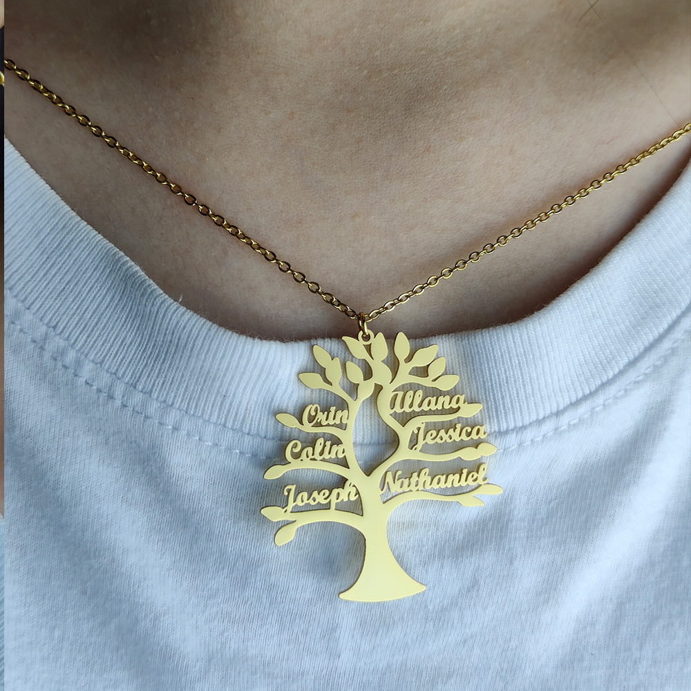 Custom Tree Of Life Name Necklace Personalized Mother Kids Family Member Names Gold Stainless Steel Pendant choker Jewelry Gifts Badiee Stylez