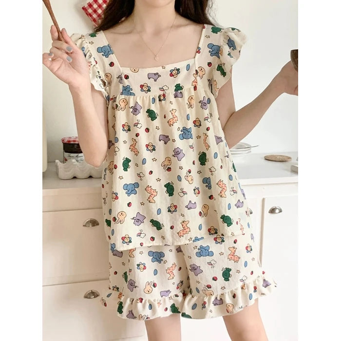 Summer Spwear Women's 2025 New Japanese Sle Fre Vest orts Woven Cotton Thin Home Clothes Set Sweet Print ort Pants Zoo