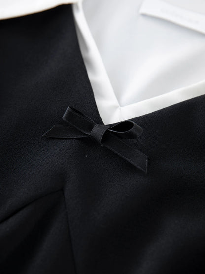 DUSHU Women Autumn Long SLeeve Dresses Office Lady Temperament Polo Neck A-LINE Long Dress Fake Two Patchwork Dress 24DS83358