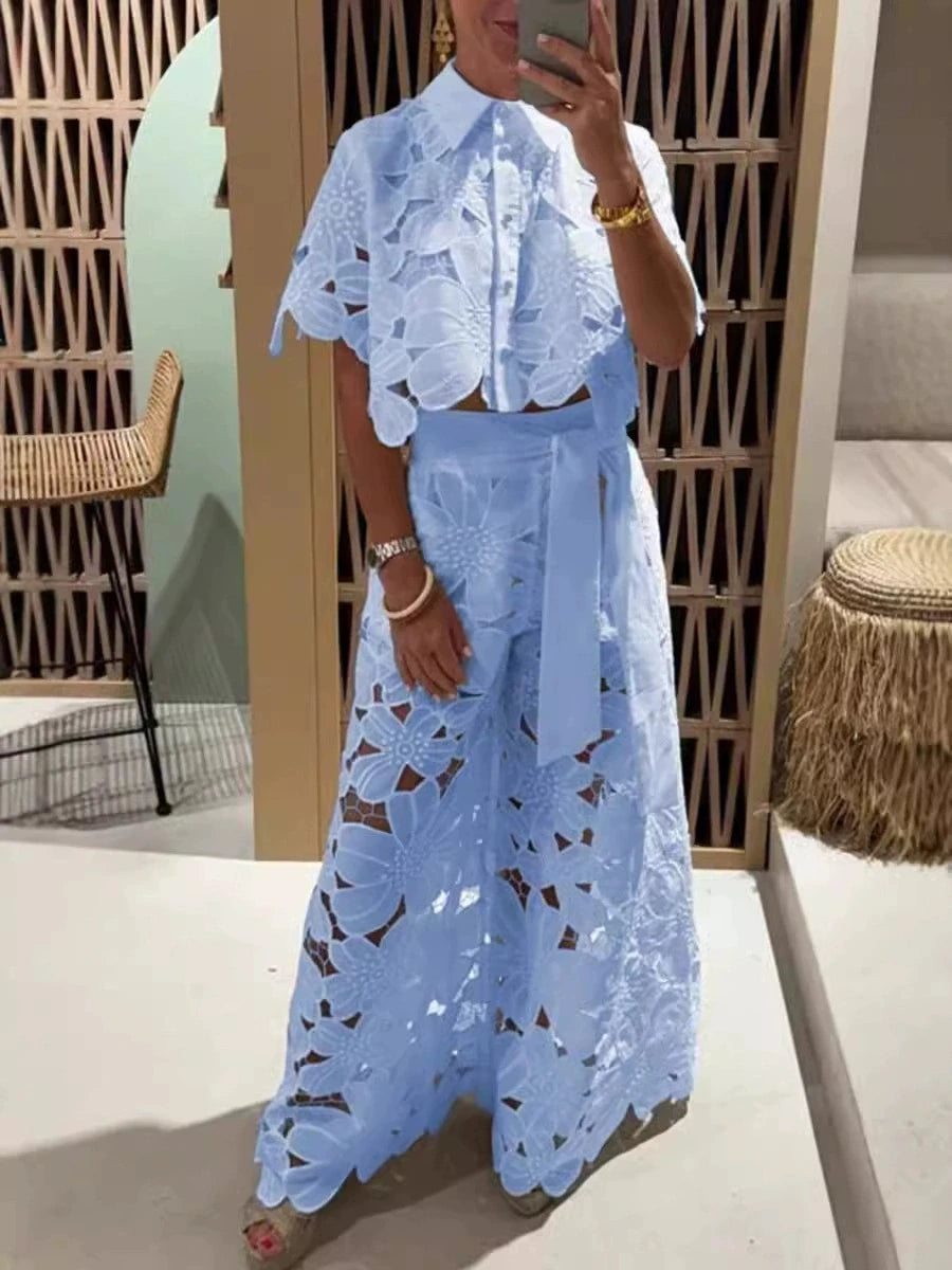 Women Set Short Sleeved Blouse Tops + Tie-up Pants Two Peics set Lace Outfit Embroidery 2025 New Retro Hollow Temperament Suit Blue