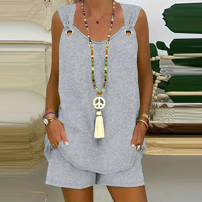 Women's Casual Fashion Set with Suspender Sleeveless Solid Color Top and Pants Set Summer Comfortable Clothing GRAY