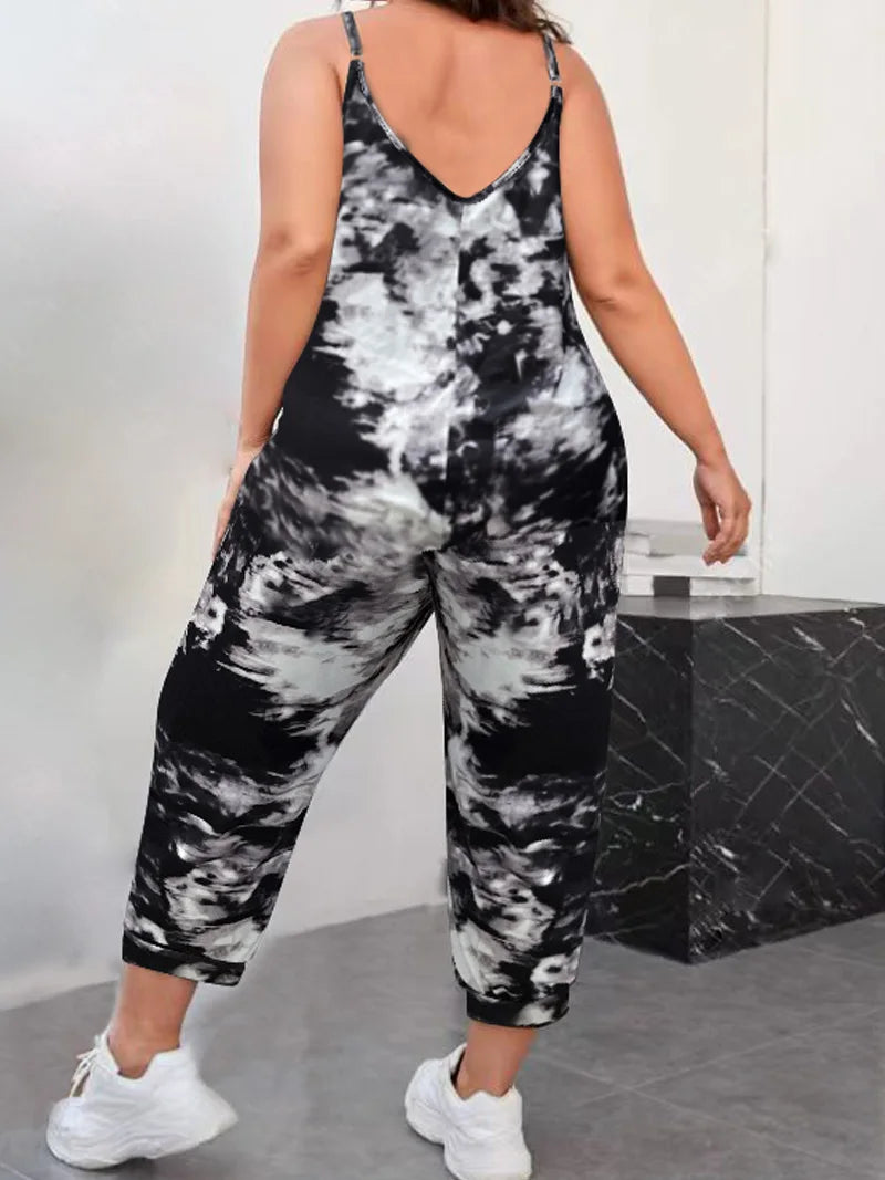 Spring and summer plus size suspender jumpsuit tie-dye print with pockets