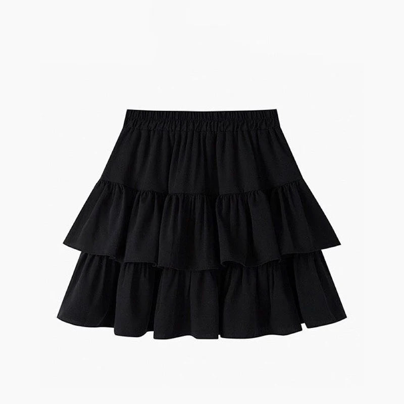 Pleated A-Line Skirt Women White Ruffle Sweet Tierred Pretty Style Skirt Elastic Waist Summer Slim Basic Korean Harajuku Dress black
