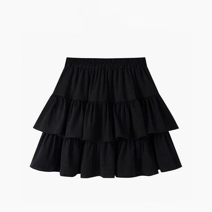 Pleated A-Line Skirt Women White Ruffle Sweet Tierred Pretty Style Skirt Elastic Waist Summer Slim Basic Korean Harajuku Dress black