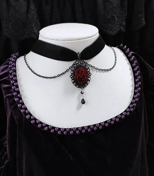 Gothic Dark Rose Cameo Choker Women Girls Halloween Pagan Witch Jewelry Accessories Gift Vintage Vampire Rose Velvet Necklace