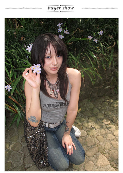 Karrcat Trashy 2000s Letter Print Tank Top Japanese Y2k Gray Camis Tops Grunge Aesthetics Sleeveless Crop Tops American Retro