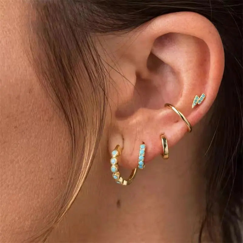 Korean Stainless Steel Turquoise Small Hoop Earrings For Women Round Circle Huggie Punk Unisex Rock Earring Piercing Jewelry