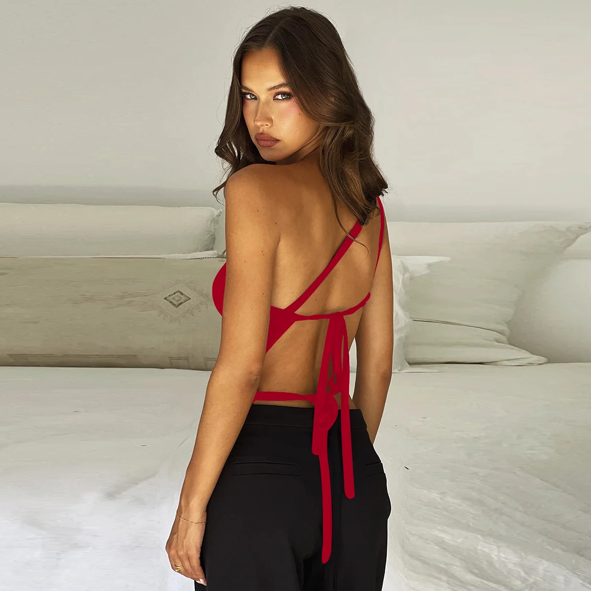 Sexy One Shoulder Off the Shoulder the Back Small Top 2024 Summer Solid Color Irregular Lace up Short Top
