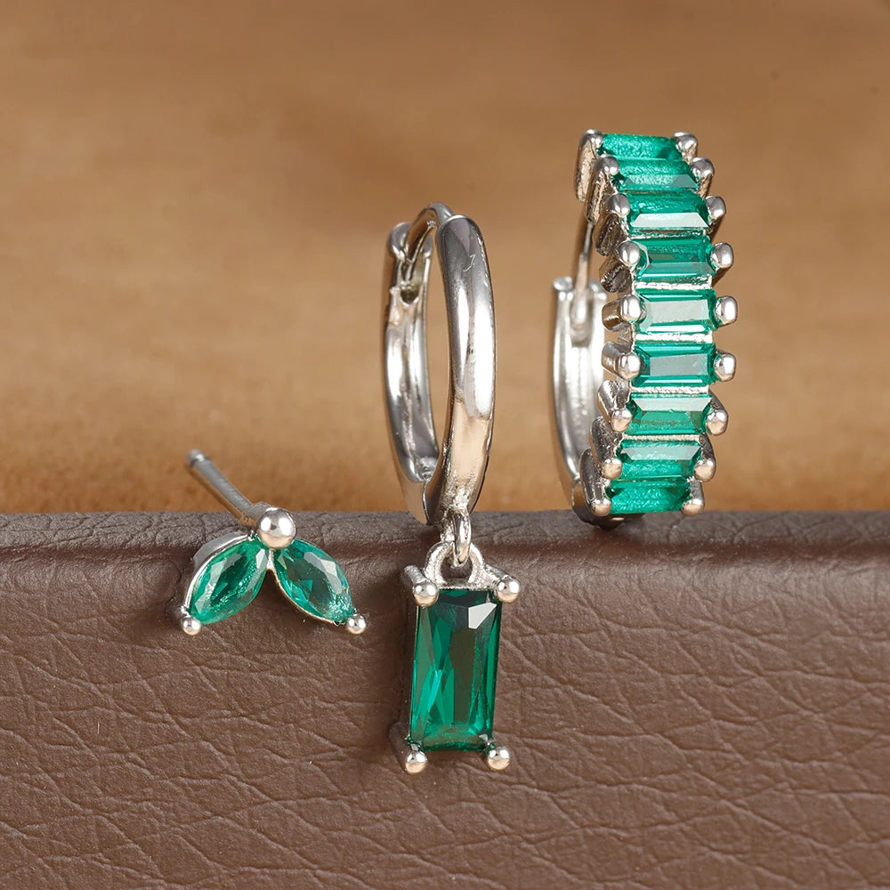 3PCS Stainless Steel Square Earrings Sets for Women Vintage Zircon Pendant Geometry Round Circle Hoop Earrings Piercing Jewelry Silver-Green-3pcs