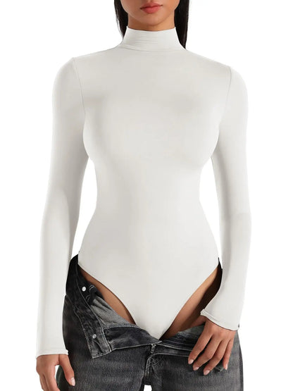 Women's Turtle Neck Long Sleeve Bodysuits Basic Slim Fit Double Lined Lightweight Layering Fall Winter Tops WHITE